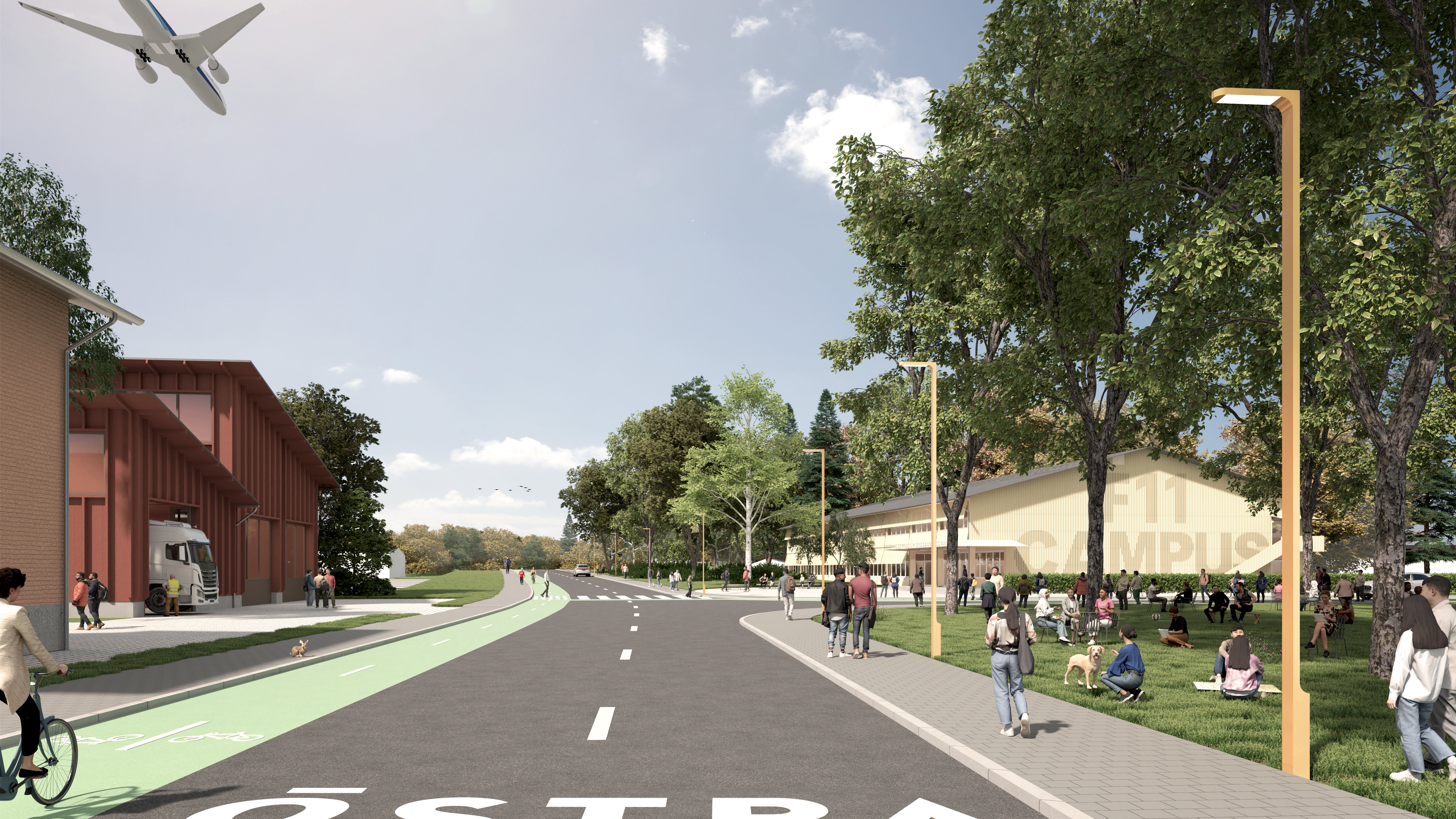 Miljövy Östra Skavsta och campus-området Visionsbild över de nya lokalerna för Fordons- och transportprogrammet till vänster och Bygg- och anläggningsprogrammet till höger.