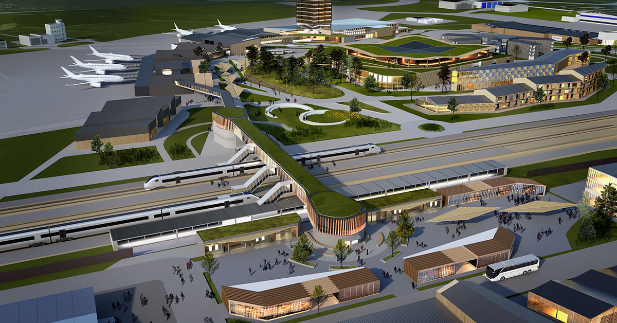 Ostlanken-station Visionsbild över Ostlänken och Skavsta resecentrum