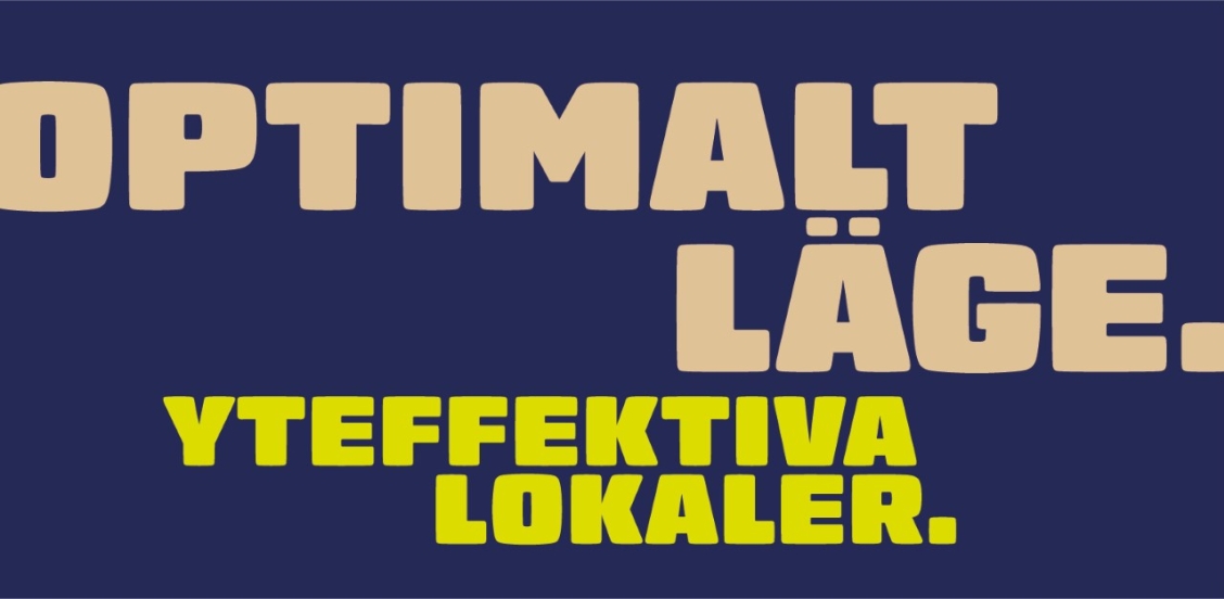 Blå ruta texten Optimalt läge. Yteffektiva lokaler.