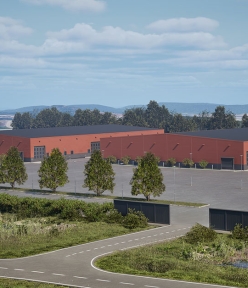 Visionsbild över två röda byggnader i kvarter Skavstalund