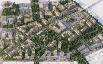 Visionsbild över Skavstaområdet från arkitekttävlingen Europan 17 - tävlingsbidraget kallas Forest City